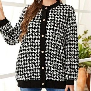SHEIN Curve Black & White Houndstooth Bishop Sleeve Jacket Career Modern